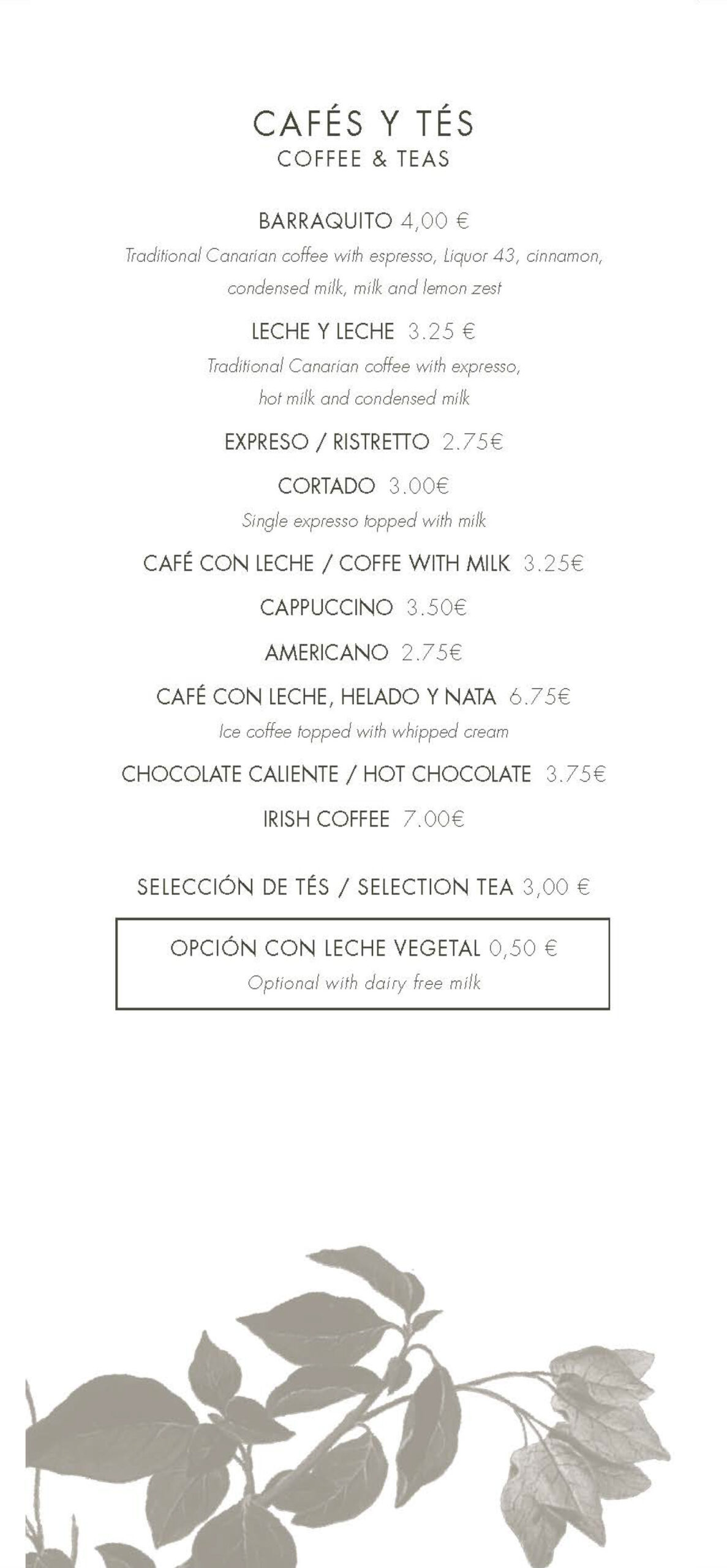 carta cafes el rincón del patio